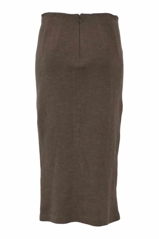 Brown wool tweed two-piece set featuring tailored waistcoat and pencil skirt