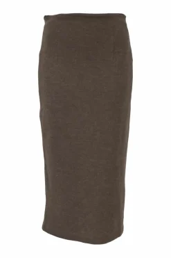 Brown wool tweed two-piece set featuring tailored waistcoat and pencil skirt
