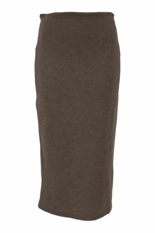 Brown wool tweed two-piece set featuring tailored waistcoat and pencil skirt