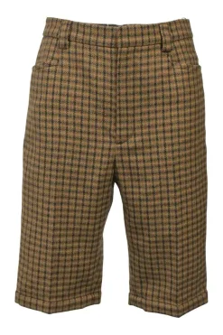 Brown wool-blend houndstooth check tweed pull-on high-rise tailored bermuda