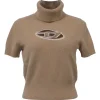 Brown wool-cashmere blend M-argaret turtleneck short sleeve knit top featuring cutout logo motif