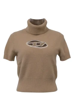 Brown wool-cashmere blend M-argaret turtleneck short sleeve knit top featuring cutout logo motif