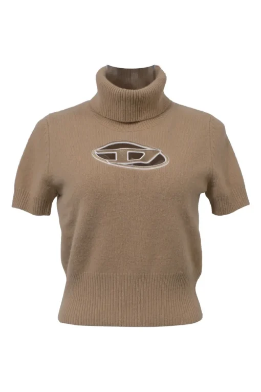 Brown wool-cashmere blend M-argaret turtleneck short sleeve knit top featuring cutout logo motif