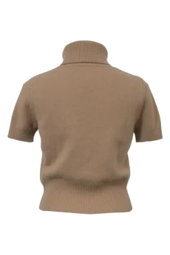 Brown wool-cashmere blend M-argaret turtleneck short sleeve knit top featuring cutout logo motif