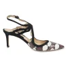Burgundy and black python-embossed leather pointed-toe slingback pumps with criss-cross straps