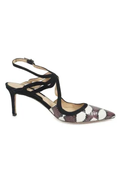 Burgundy and black python-embossed leather pointed-toe slingback pumps with criss-cross straps