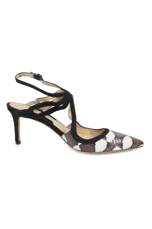 Burgundy and black python-embossed leather pointed-toe slingback pumps with criss-cross straps