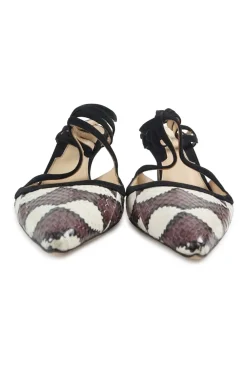 Burgundy and black python-embossed leather pointed-toe slingback pumps with criss-cross straps