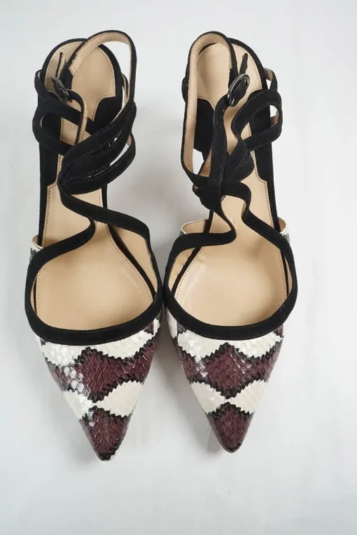 Burgundy and black python-embossed leather pointed-toe slingback pumps with criss-cross straps