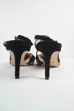 Burgundy and black python-embossed leather pointed-toe slingback pumps with criss-cross straps