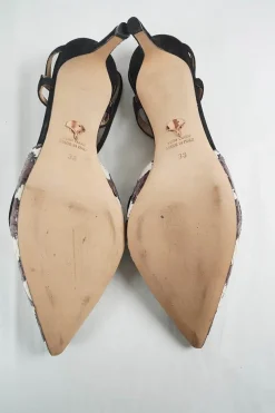 Burgundy and black python-embossed leather pointed-toe slingback pumps with criss-cross straps