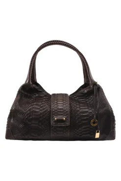 Burgundy Brown Python Skin Hobo Bag with snap closure in front
