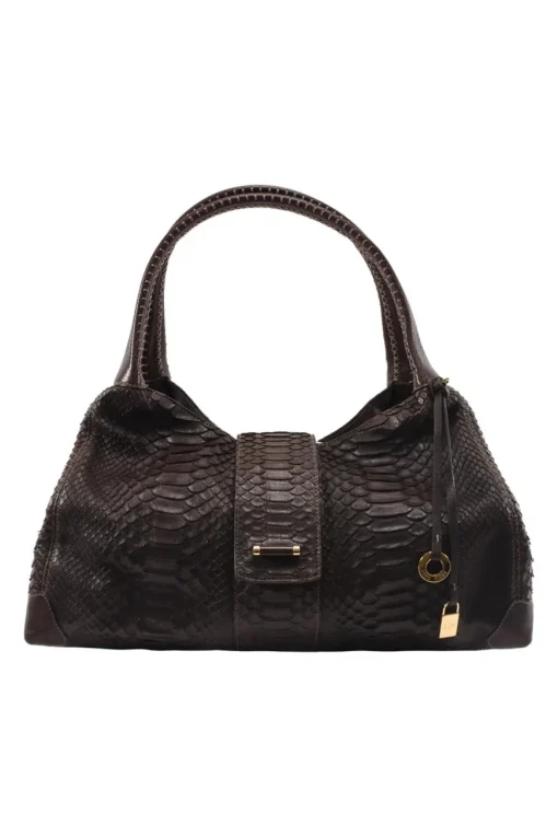 Burgundy Brown Python Skin Hobo Bag with snap closure in front