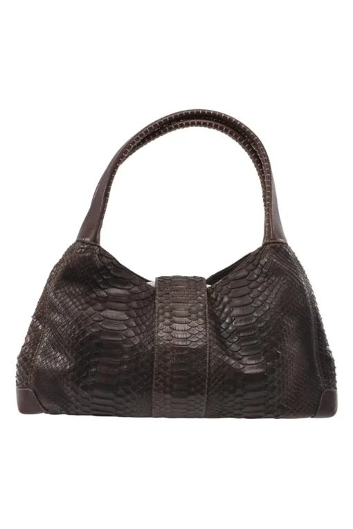 Burgundy Brown Python Skin Hobo Bag with snap closure in front