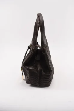 Burgundy Brown Python Skin Hobo Bag with snap closure in front