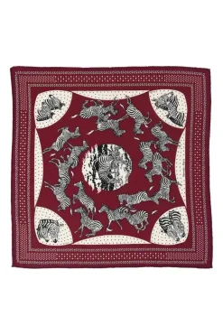 Burgundy cashmere/silk 'Les Zèbres' print bandana scarf featuring original artwork by Robert Dallet