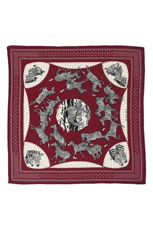 Burgundy cashmere/silk 'Les Zèbres' print bandana scarf featuring original artwork by Robert Dallet