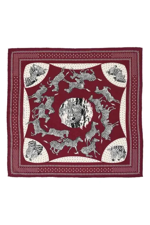 Burgundy cashmere/silk 'Les Zèbres' print bandana scarf featuring original artwork by Robert Dallet