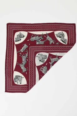 Burgundy cashmere/silk 'Les Zèbres' print bandana scarf featuring original artwork by Robert Dallet