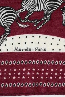 Burgundy cashmere/silk 'Les Zèbres' print bandana scarf featuring original artwork by Robert Dallet