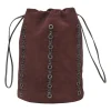 Burgundy grommet-embellished suede drawstring bucket pouch