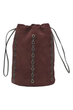 Burgundy grommet-embellished suede drawstring bucket pouch