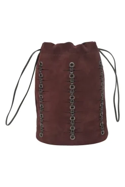 Burgundy grommet-embellished suede drawstring bucket pouch