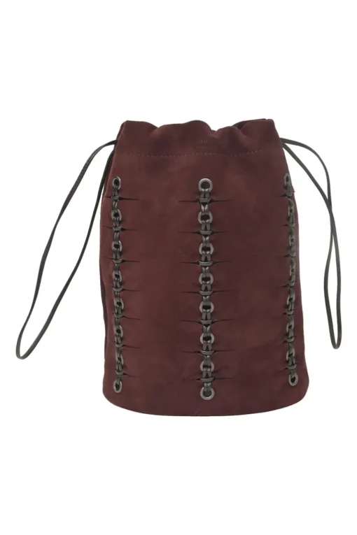Burgundy grommet-embellished suede drawstring bucket pouch