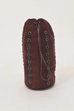 Burgundy grommet-embellished suede drawstring bucket pouch