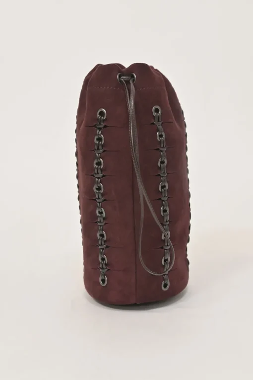 Burgundy grommet-embellished suede drawstring bucket pouch