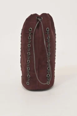 Burgundy grommet-embellished suede drawstring bucket pouch