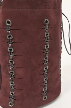 Burgundy grommet-embellished suede drawstring bucket pouch