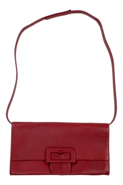 Burgundy leather clutch bag with detachable shoulder strap