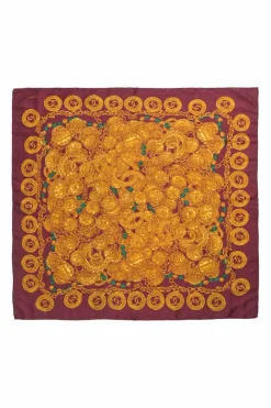 Burgundy paisley jacquard printed scarf featuring Coco Mark charm and medallion motif