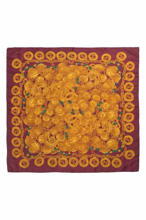 Burgundy paisley jacquard printed scarf featuring Coco Mark charm and medallion motif