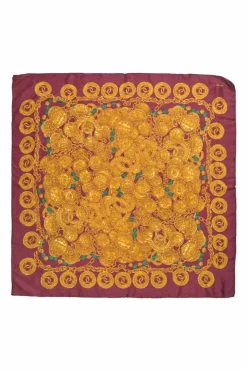 Burgundy paisley jacquard printed scarf featuring Coco Mark charm and medallion motif