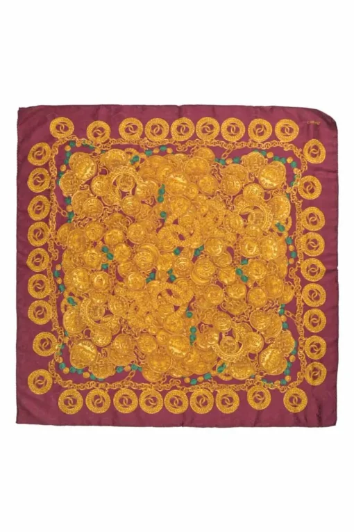 Burgundy paisley jacquard printed scarf featuring Coco Mark charm and medallion motif