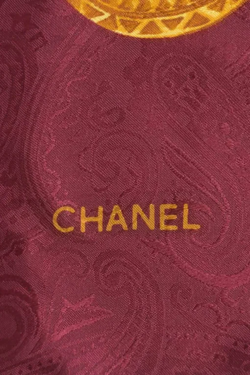 Burgundy paisley jacquard printed scarf featuring Coco Mark charm and medallion motif