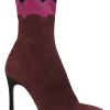 Burgundy paneled pull-on mid-calf heeled booties with scalloped edges
