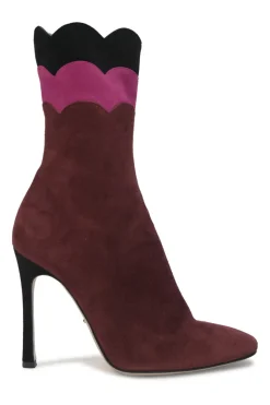 Burgundy paneled pull-on mid-calf heeled booties with scalloped edges