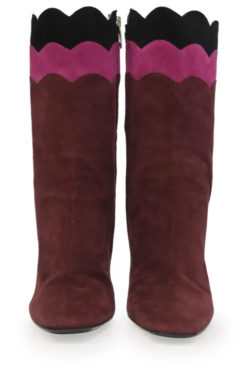 Burgundy paneled pull-on mid-calf heeled booties with scalloped edges