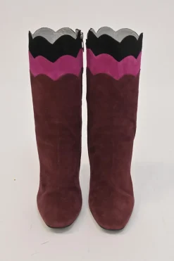 Burgundy paneled pull-on mid-calf heeled booties with scalloped edges