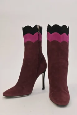 Burgundy paneled pull-on mid-calf heeled booties with scalloped edges