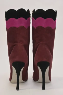 Burgundy paneled pull-on mid-calf heeled booties with scalloped edges