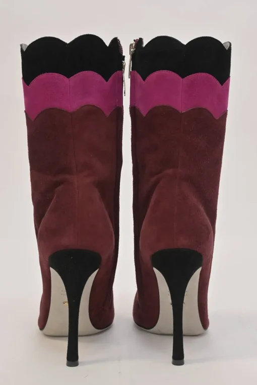 Burgundy paneled pull-on mid-calf heeled booties with scalloped edges