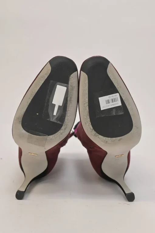 Burgundy paneled pull-on mid-calf heeled booties with scalloped edges