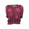 Burgundy paneled silk interlock jersey and floral jacquard puff sleeve button-front foulard cardigan