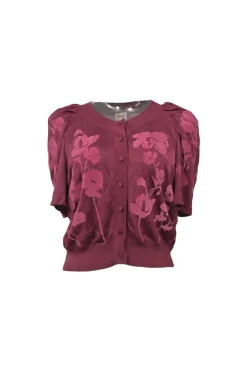 Burgundy paneled silk interlock jersey and floral jacquard puff sleeve button-front foulard cardigan