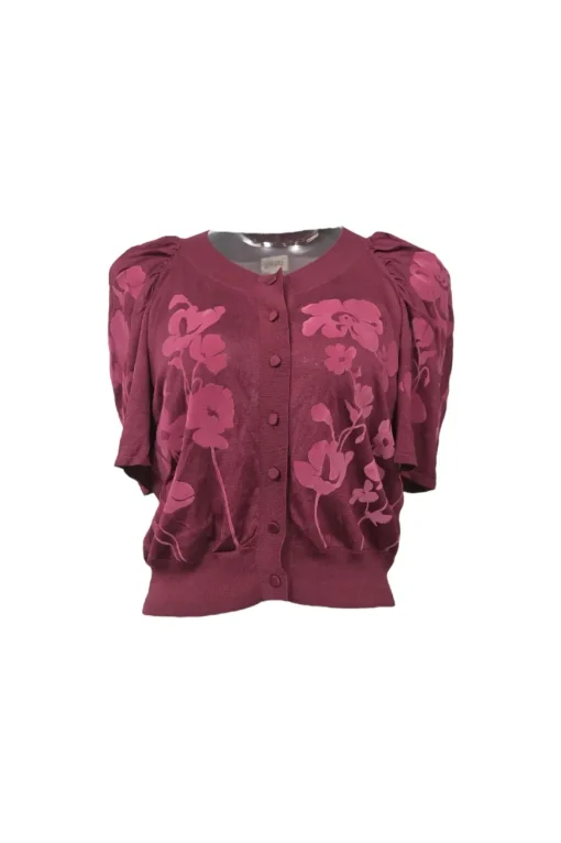 Burgundy paneled silk interlock jersey and floral jacquard puff sleeve button-front foulard cardigan