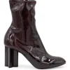 Burgundy patent leather ankle boots with floral pumps